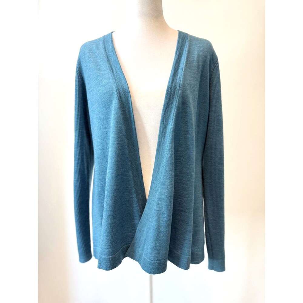 Eileen Fisher Petite Women's Open Front Cardigan PM Teal Blue 100% Merino Wool